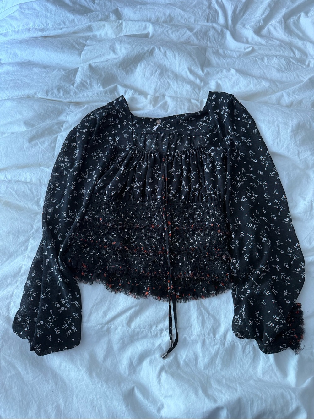 Free People Black Floral Smocked Long-Sleeve Crop Blouse